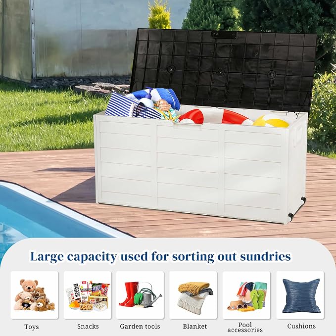 75 Gal Plastic Storage Chest with Smooth-Rolling Wheels, All-Weather Garage Organizer for Gardening Tools, Seasonal Decor, Pet Supplies, Easy Assembly, Outdoor Storage Container Deck Box, No Padlock