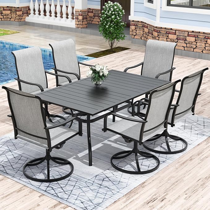 Anmutig 7-Piece Outdoor Dining Set, 63"x38" Patio Table with Dual Umbrella Holes & 6 Swivel Textilene Chairs, Weather-Resistant Furniture for Backyard, Deck, Garden, Grey