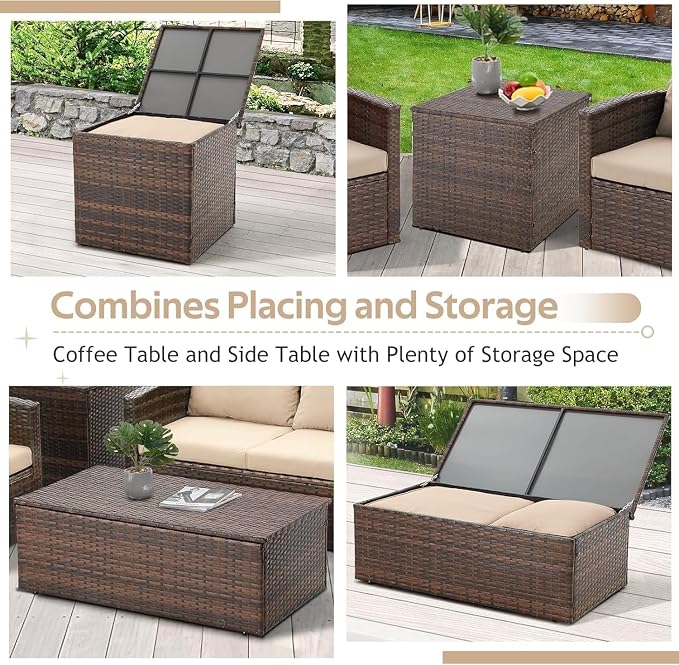 Outdoor Patio Furniture 7 Piece Set with Two Storage Boxes, All-Weather PE Rattan Sectional Sofa Conversation Set with Cover for Backyard Garden Deck