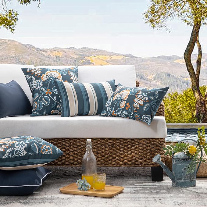Phantoscope Pack of 2 Outdoor Indoor Throw Decorative Pillow Cover Floral Striped Waterproof Patio Pillows Cushion Case for Couch Tent Park, Dark Blue 20 x 20 Inches