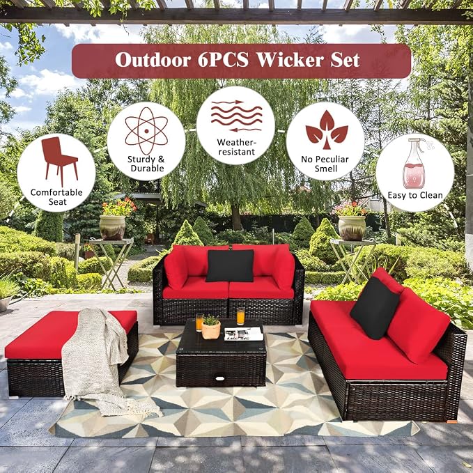 RELAX4LIFE 6-Piece Patio Sofa Set - Outdoor Sectional Sofa Set Wicker Conversation Set w/Table & Removable Cushions, Modular Sofa Set Patio Furniture for Backyard, Poolside, Balcony (Red)