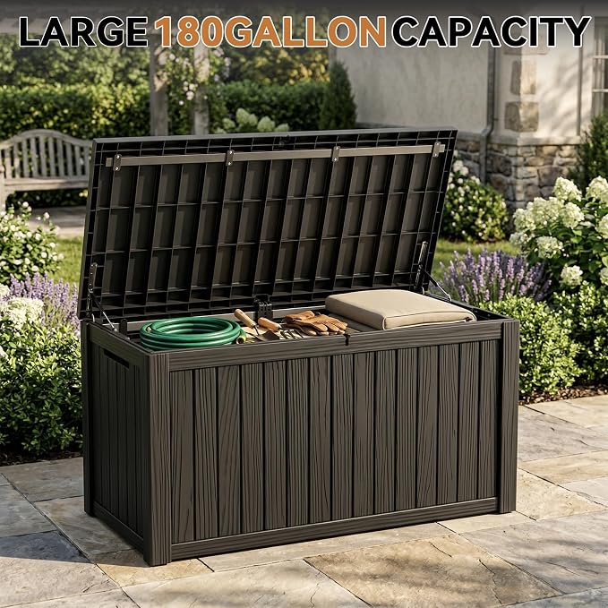 180 Gallon Outdoor Storage Box Waterproof, Resin Lockable Deck Box with Lid, Large Capacity Weatherproof Container for Patio Furniture, Side Table and Cushions (Black, 180 Gallon)
