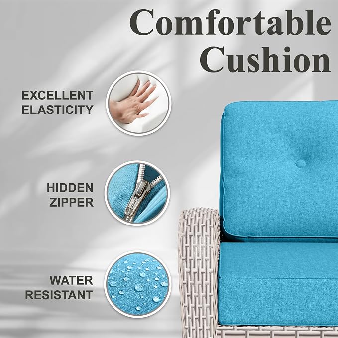 Patio Wicker Chairs Swivel Rocker, Outdoor Swivel Glider Rocker Chairs with Rattan Side Table, All Weather Conversation Set for Porch Poolside Balcony,Cyan