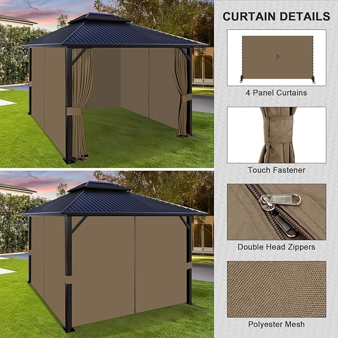Aoodor 10x10 ft Outdoor Gazebo Curtains, 4 Panels Waterproof Privacy Sidewall Replacement with Zipper for Patio Pergola and Canopy, Light Coffee