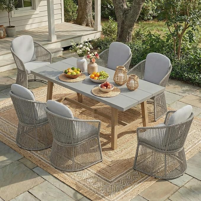 SUNSITT 7 Piece Outdoor Patio Dining Set, Patio Dining Furniture Set with 76” Aluminum Dining Table w/Umbrella Hole and 6 Woven Wicker Outdoor Patio Chairs w/Curved Armrest for Garden, Light Grey