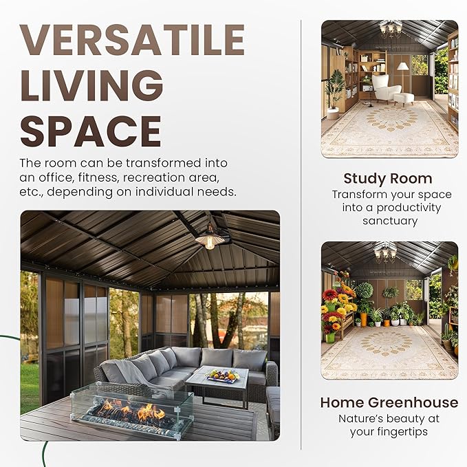 EROMMY 12' X 20' Hardtop Sunroom, Galvanized Steel Double Roof Gazebo Solarium with Detachable Windows & Lockable Doors, All-Weather Sun Room for Patio Deck Backyard