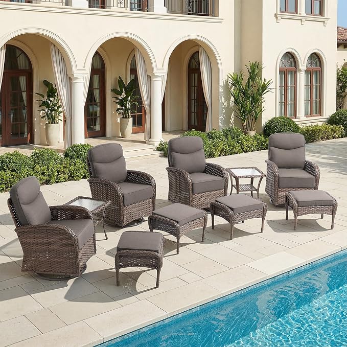 HUMMUH 4PCS Outdoor Swivel Rocker Patio Chairs with Ottomans,Luxury 6-inch Thick Cushion,High Back Patio Furniture Set,Wicker Conversation Set for Deck Yard and Poolside