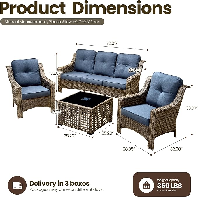 4 Piece Patio Furniture Set with Solar Light Coffee Table, Heavy Duty Wicker High Back Sofa Chairs with Thick Cushion, Small Outdoor Conversation Sets for Backyard Garden Porch, Denim Blue
