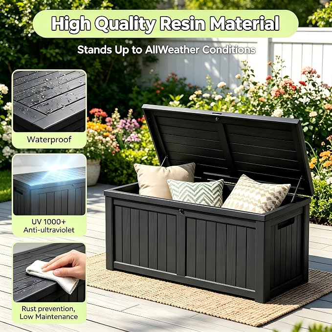 155 Gallon Outdoor Deck Storage Box, Large Waterproof Resin Patio Storage Box, Lockable Bench Seat Holds 2 Adults, for Garden Tools, Cushions & Pool Floats, UV & Rust Resistant, Black