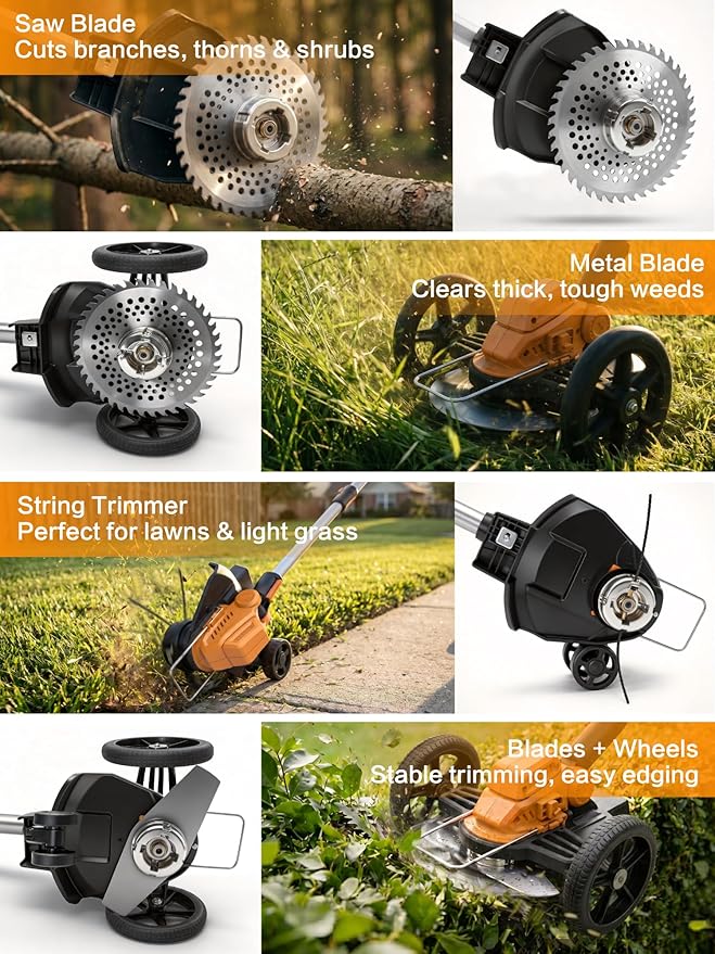 9-in-1 Weed Wacker with Wheels, Cordless Electric Weed Eater & Lawn Edger, Mini Mower Brush Cutter, 2x2.0Ah Battery Powered, 3 Blade Types, Adjustable Shaft