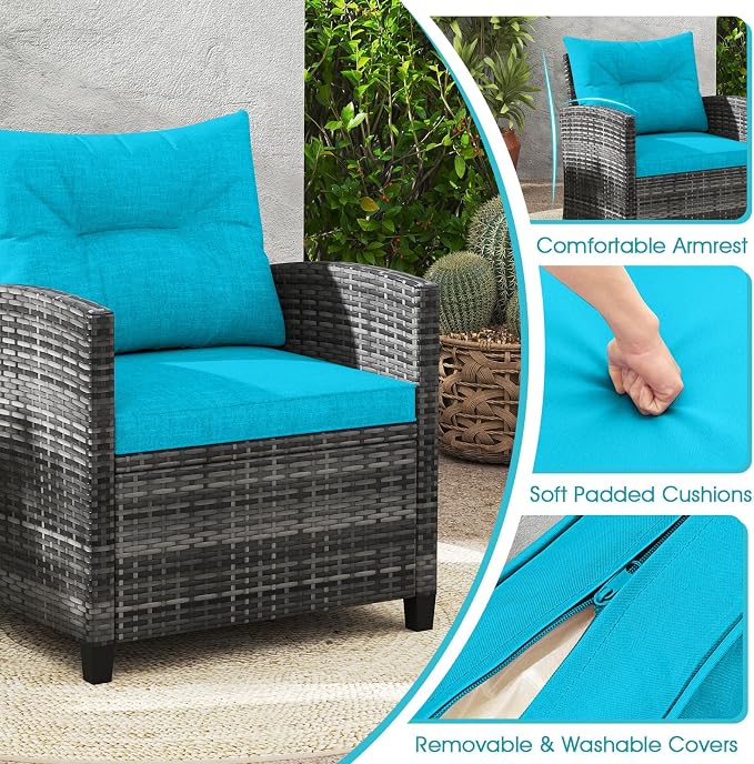 ORALNER Patio Furniture, 3 Pieces Outdoor Wicker Conversation Set Chairs with Soft Cushions and Glass Coffee Table, Rattan Bistro Set for Balcony Garden Deck Front Porch Poolside (Turquoise)