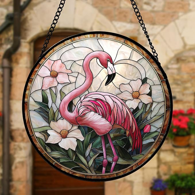DASTOLL Stained Glass Window Hanging, Flamingo Flower Sun Catchers Diamond Glass Panel Hangings Pink Suncatcher Decor for Birthday for Women, Men, Wife, Aunt, and Mom 11.8x11.8 in