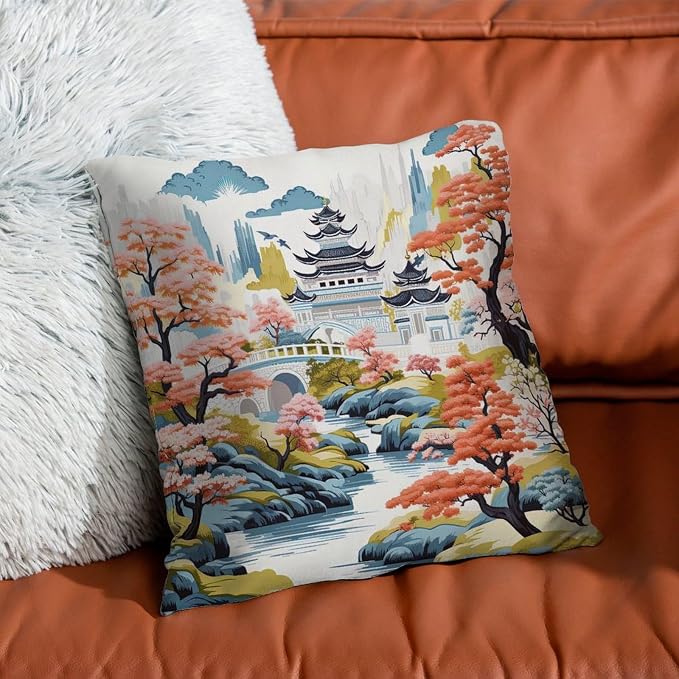 Chinoiserie Pagoda White Coral Blue Throw Pillow Covers Chinoiserie Chic Asian Throw Pillow Cover Rustic Farmhouse Decor Pillow for Sofa Patio Couch 22x22 in