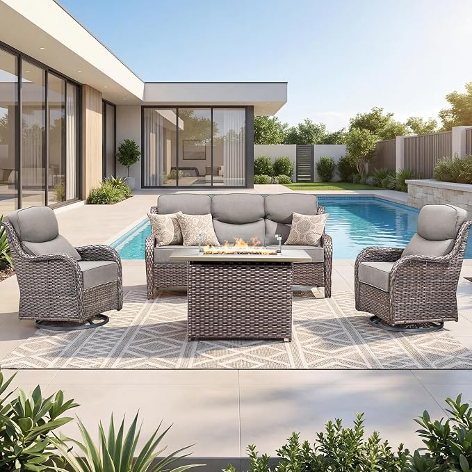 Luxury Patio Furniture Set with 6-inch Thick Cushion, Outdoor Furniture with Fire Pit Table, Swivel Chairs, Sofa, 4pcs Wicker Conversation Set for Deck Yard and Poolside(Brown Wicker/Grey Cushion)
