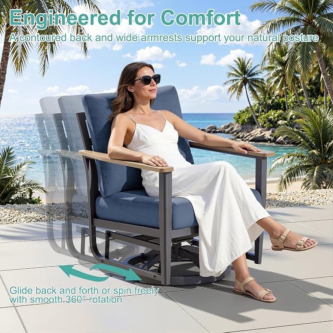 7Pcs Patio Rocking Swivel Chair with 55,000 BTU Fire Pit Table Outdoor Aluminum Bistro Set with Coffee Table, Patio Furniture Set with High Backrest & Thickened Cushions, Navy Blue