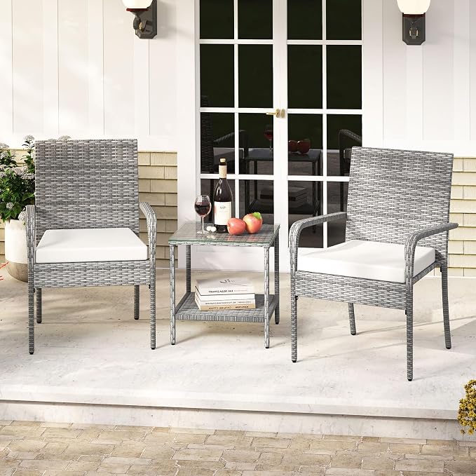 Tangkula 3 Pieces Patio Furniture Set, PE Rattan Outdoor Cushioned Conversation Chairs with 2-Tier Tempered Glass Tabletop Table, for Balcony, Garden and Poolside