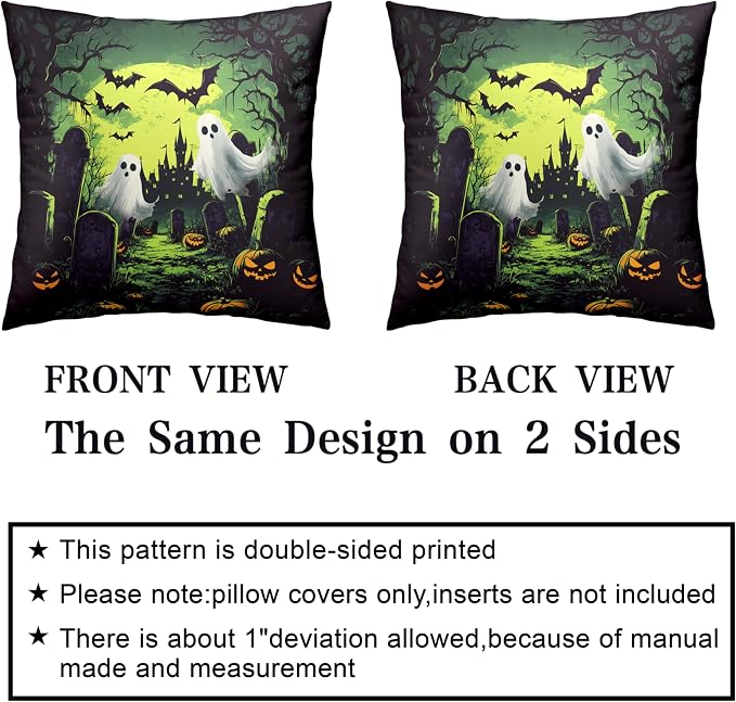2 Pack Halloween Pillow Covers 18x18 Graveyard Ghost Throw Pillow Covers Horror Spooky Green Full Moon Night Pillow Case Bat Pumpkin Cushion Case for Holiday Party Decor Couch Sofa