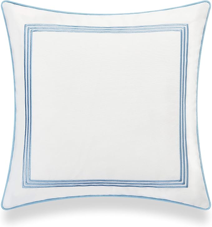 Hofdeco Premium Coastal Hampton Style Patio Indoor Outdoor Pillow Cover Only, 20"x20" Water Resistant for Backyard, Couch, Baby Blue Embroidered Square Line (Pack of 2)