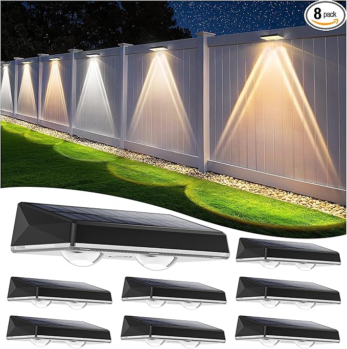 Solar Fence Lights Outdoor, 8 Pack Fence Lights Solar Powered, 3 Color Modes Warm/Natural/Cool White (3000K/4000K/6000K), IP67 Waterproof Dusk to Dawn Solar Lights for Fence, Backyard, Patio, Deck
