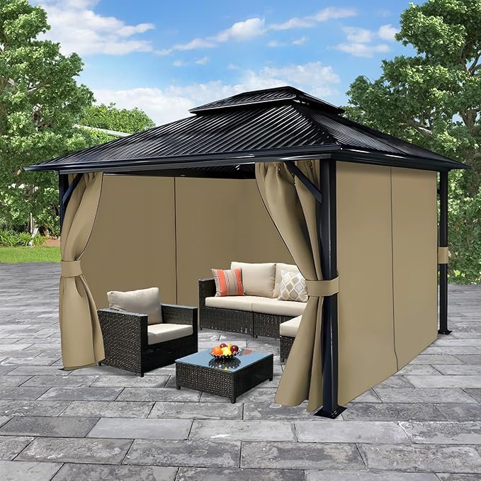 COWVIE 4-Panel 12' x 14' Gazebo Replacement Curtains, Patio Privacy Sidewalls with Double Zipper, Replacement for Outdoor Gazebo Canopy-Khaki
