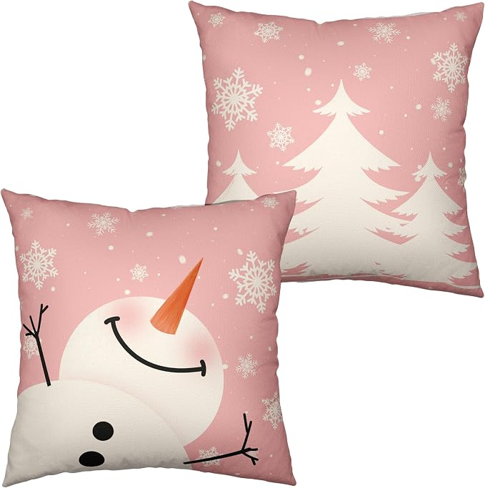 Set of 2 Snowman Throw Pillow Covers 24x24 Pink Christmas Pillowcase White Xmas Tree Pillow Covers Cotton Linen Cushion Case for Holiday Decorations Living Room Couch Sofa