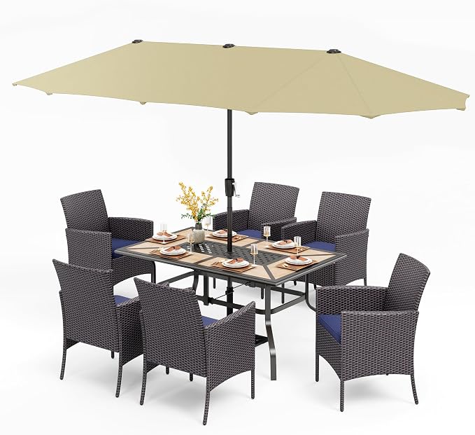 PHI VILLA 7pc Patio Dining Set w/Umbrella, Wood-top Table, Rattan Chairs | Outdoor Dining Set for 6, Metal Table & 6 Cushioned Rattan Chairs with Beige Umbrella for Outdoor, Deck, Yard, Porch