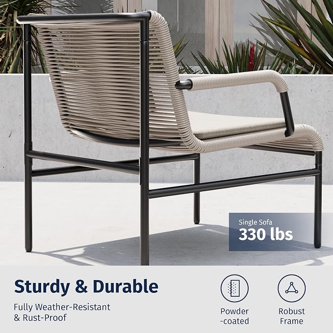 East Oak 3-Piece Patio Furniture Set, Outdoor Bistro Set with PE Rattan Wicker Wide Chairs, Soft Pads & Coffee Table, Modern All-Weather Wicker Patio Set for Garden and Porch, Creamy Apricot