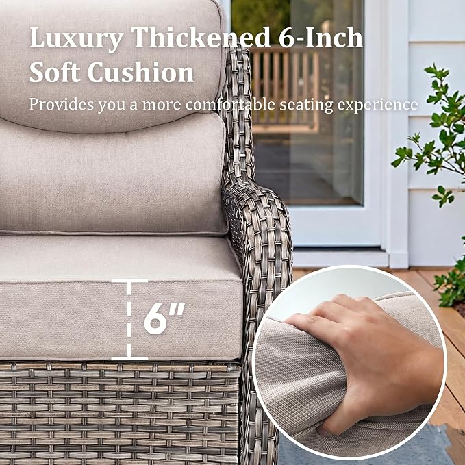 Luxury Outdoor Swivel Rocker Patio Chairs Set of 2 with 6-Inch Thick Cushions, High Back Swivel Patio Chairs Wicker Outdoor Gliders for Porch, Yard, Deck, Poolside, Grey/Beige