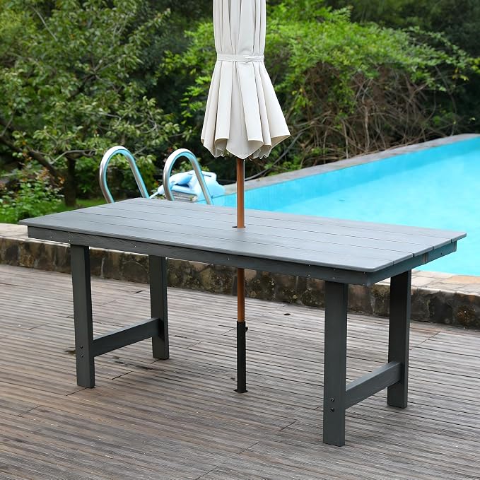 5-Pcs Outdoor Patio Dining Table Set of 4, Outdoor Patio Rectangular 66.9'' Dining Table and Armchair for Garden Backyards Pool Side, Waterproof HDPE Material & 1.95'' Umbrella Hole, Gray