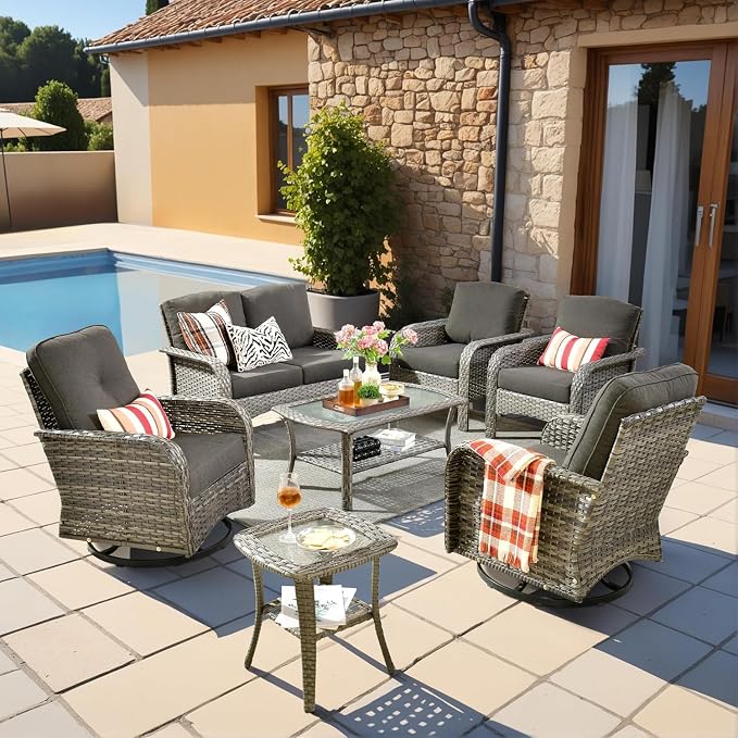 7 Pieces Outdoor Patio Furniture Set with Coffee Table, All Weather Wicker Patio Conversation Sets with Rocking Chairs, Balcony Furniture Sets for Backyard, Garden, Poolside, Black