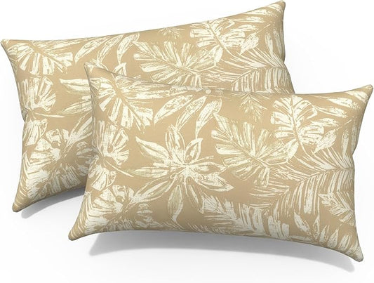 12x20 Inch Outdoor Lumbar Pillow Covers Pack of 2, All Weather Cushion Pillow Cases, Pillowcase for Patio Couch Decoration, Tropical Leaf Oat