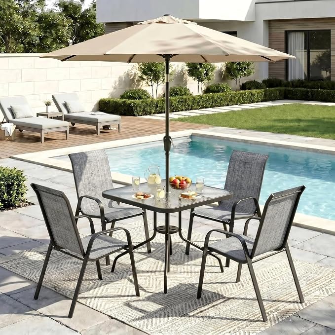 Arlopu 5 Piece Outdoor Patio Dining Set (Umbrella not Included), Porch Furniture with 4 Textline Chairs, 1 Square Glass Table for Garden, Backyard and Poolside, Lawn (Grey)