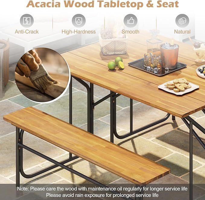 Tangkula Patio Dining Bench Set for 4, Heavy-Duty Outdoor Acacia Wood Dining Furniture with Metal Legs for Balcony, Backyard, Poolside, Garden (2,52” x 32” x 29.5”)