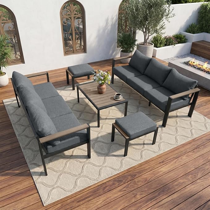 Outdoor Patio Furniture Set 5 Pieces Luxury Aluminum Patio Conversation Set with Coffee Table 8 Seats, Thick Cushions, Large Sectional Sofa for Porch, Balcony, Deck, Yard, Gray