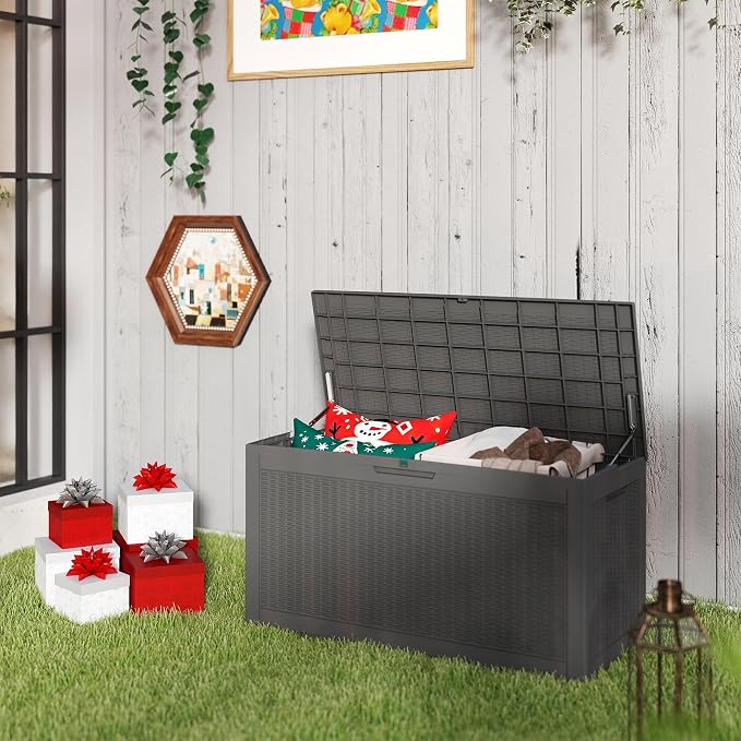 Outdoor Storage Box, 110 Gallon Waterproof Deck Box [Upgraded 3.0], Auto-Open Gas Struts Resin Organizer for Lounger Pillows, Secure Lockable Backyard Storage Bench, Poolside Deck, Black