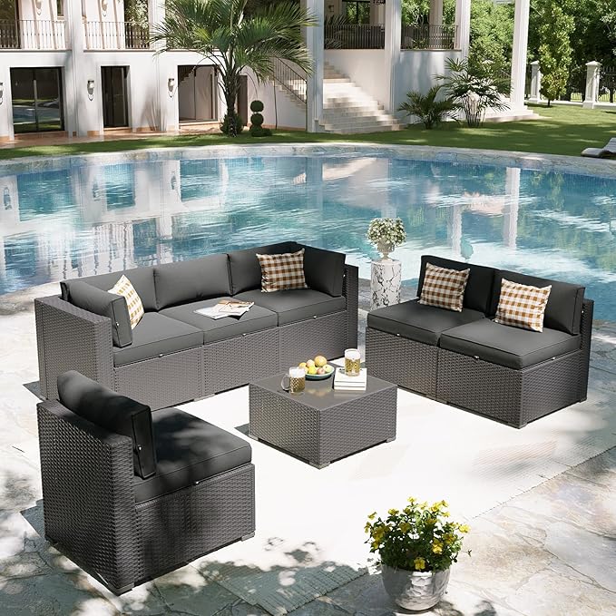 Aoxun Patio Furniture Set, 7 Piece Outdoor Sectional Sofas with Think Cushions, Wicker Rattan Outdoor Furniture Patio Conversation Set for Backyard, Garden Dark Grey