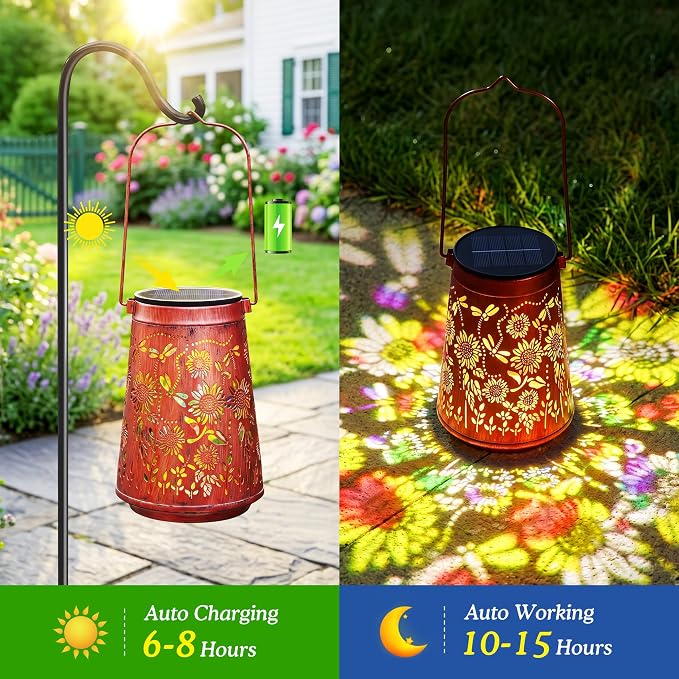Sunflower Solar Lanterns Outdoor Waterproof Solar Lights | Sunflowers & Dragonfly, Metal Hanging Lantern for Patio, Pathway, Yard, Garden Decor Gifts for Mom Women & Grandma 1 Pack