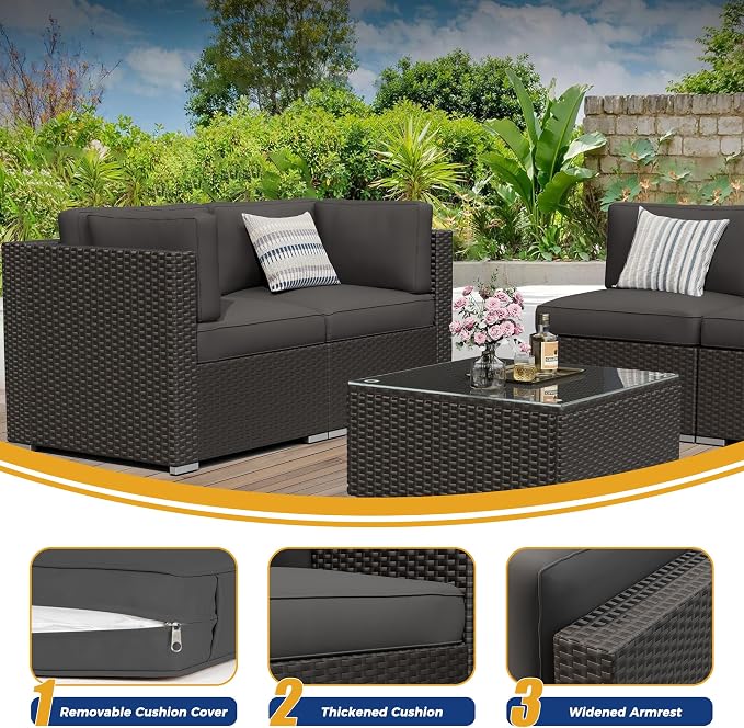 8 Pieces Outdoor Patio Furniture Set with Waterproof Cover, Black Brown Wicker Patio Sectional Sofa Set, Outdoor Couch with Cushion and Tempered Glass Table, Grey