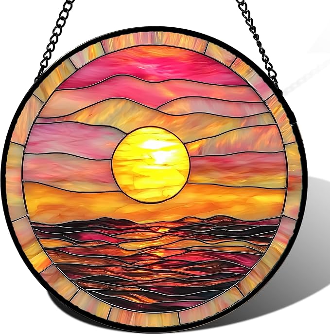 DASTOLL Stained Glass Window Hanging, Sunrise Sea Surface Sun Catchers Diamond Glass Panel Hangings Abstract Suncatcher Decor for Birthday for Women, Men, Wife, Aunt, and Mom 14.9 in