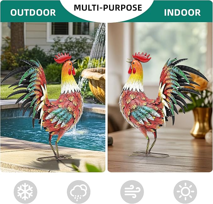 Metal Rooster Yard Decor, 21" Outdoor Garden Statues for Patio | Durable Metal with Hand-Painted Finish, Farmhouse Rooster Chicken Decor for Yard, Garden, Patio, Porch & Kitchen