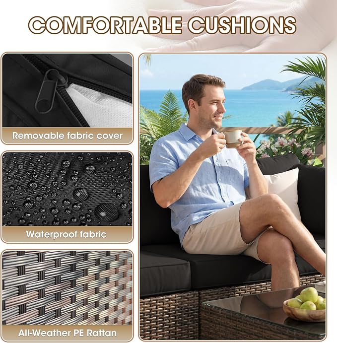Grezone 7 Piece Patio Furniture Set with 44" Fire Pit Table, Outdoor Sectional Couch, PE Rattan Patio Conversation Sets with 4inch Cushions for Backyard Black (BK)