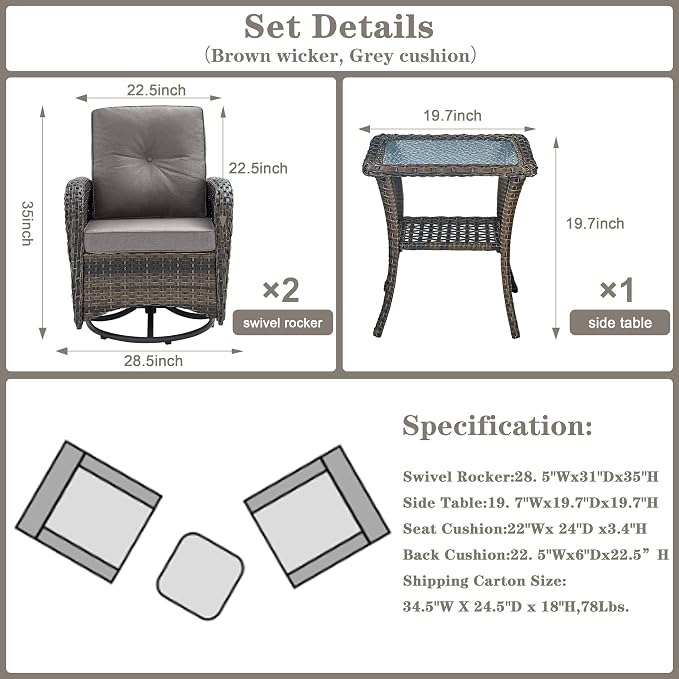 Belord Patio Wicker Chairs Swivel Rocker - Outdoor Swivel Rocking Chairs Set of 2 with Rattan Side Table, Patio Swivel Glider Chair 3 Piece Patio Furniture Sets for Patio Porch Pool Brown/Grey