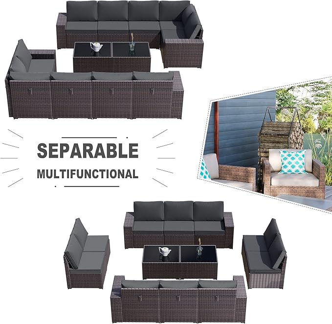 Kullavik Outdoor Patio Furniture Set,12 Pieces Sectional Rattan Sofa Set Brown PE Rattan Wicker Patio Conversation Set with 10 Seat Cushions and 2 Tempered Glass Coffee Table,Grey