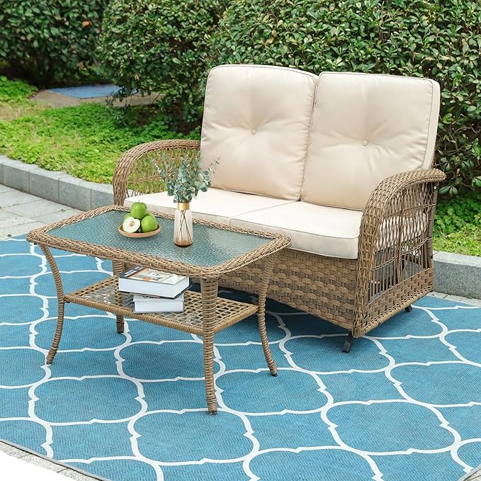 VIVIJASON 2-Piece Patio Wicker Loveseat Glider Set Cushioned, Outdoor Conversation Furniture Sets with 2-Seater Glider Rocking Bench, Coffee Table and Cushions for Porch Garden Poolside, Light Brown