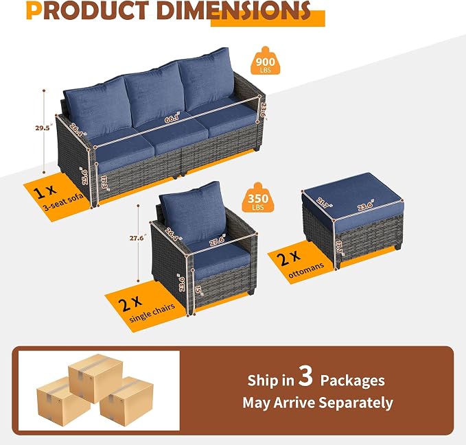 UDPATIO Patio Furniture Set, 5 Pieces Outdoor Sectional Sofa Set, All-Weather Wicker Rattan High Back Outdoor Conversation Set with Ottoman for Poolside, Backyard, Grey Wicker Navy Blue Cushion