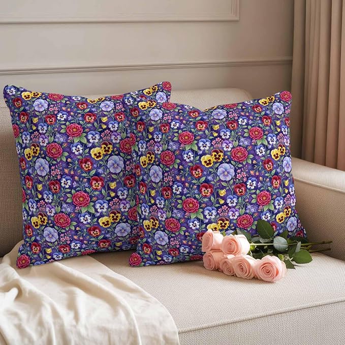 Pansies Roses Outdoor Pillow Covers 24"x24" Set of 2, Garden Flowers Floral Botanical Purple Waterproof Throw Pillow Covers for Patio Furniture, Decorative Cushion Covers for Porch
