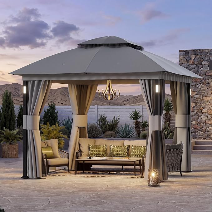 Covered Outdoor Patio Gazebo 10'x10' with LED Lights & Bluetooth Speaker, Heavy Duty Outdoor Canopy Shelter with Metal Frame, Double Roofs, Soft Top Gazebo with Netting and Curtains for Backyard, Gray