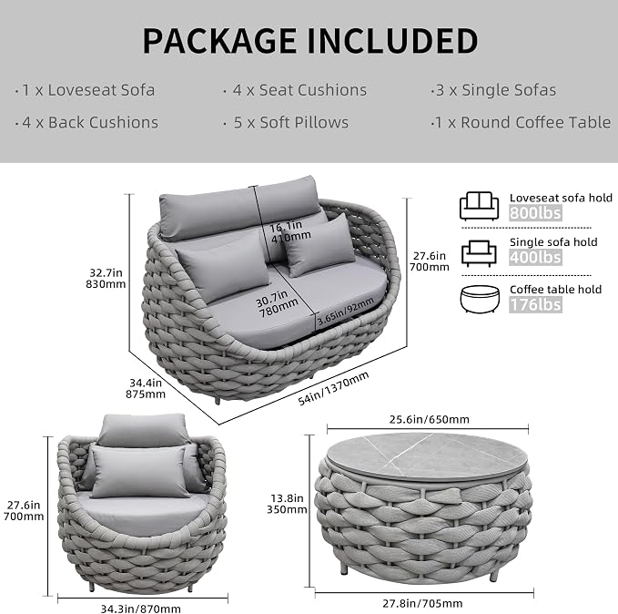 TWT Outdoor Patio Furniture Set-5 Pieces Aluminum Sectional Sofa, Metal Patio Conversation Set with Loveseat & Armchair, Textile Rope and Coffee Table, Light Grey