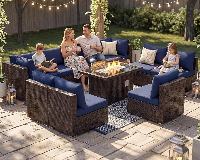 BULEXYARD 11 Piece High Back Wicker Patio Furniture Sets with Fire Pit, Luxury Plus Size Outdoor Seating Set, Comfortable Extra Wide Deep 10-Seater Sectional Couch Sofa for Outside, Brown & Navy Blue