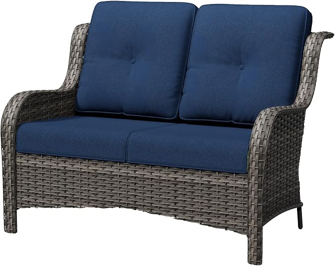 Wicker Patio Loveseat, 2 Seat Outdoor Couch with Thickened Olefin Cushions, High Back and Deep Seating, Hand-Woven PE Rattan for Porch, Deck, Balcony